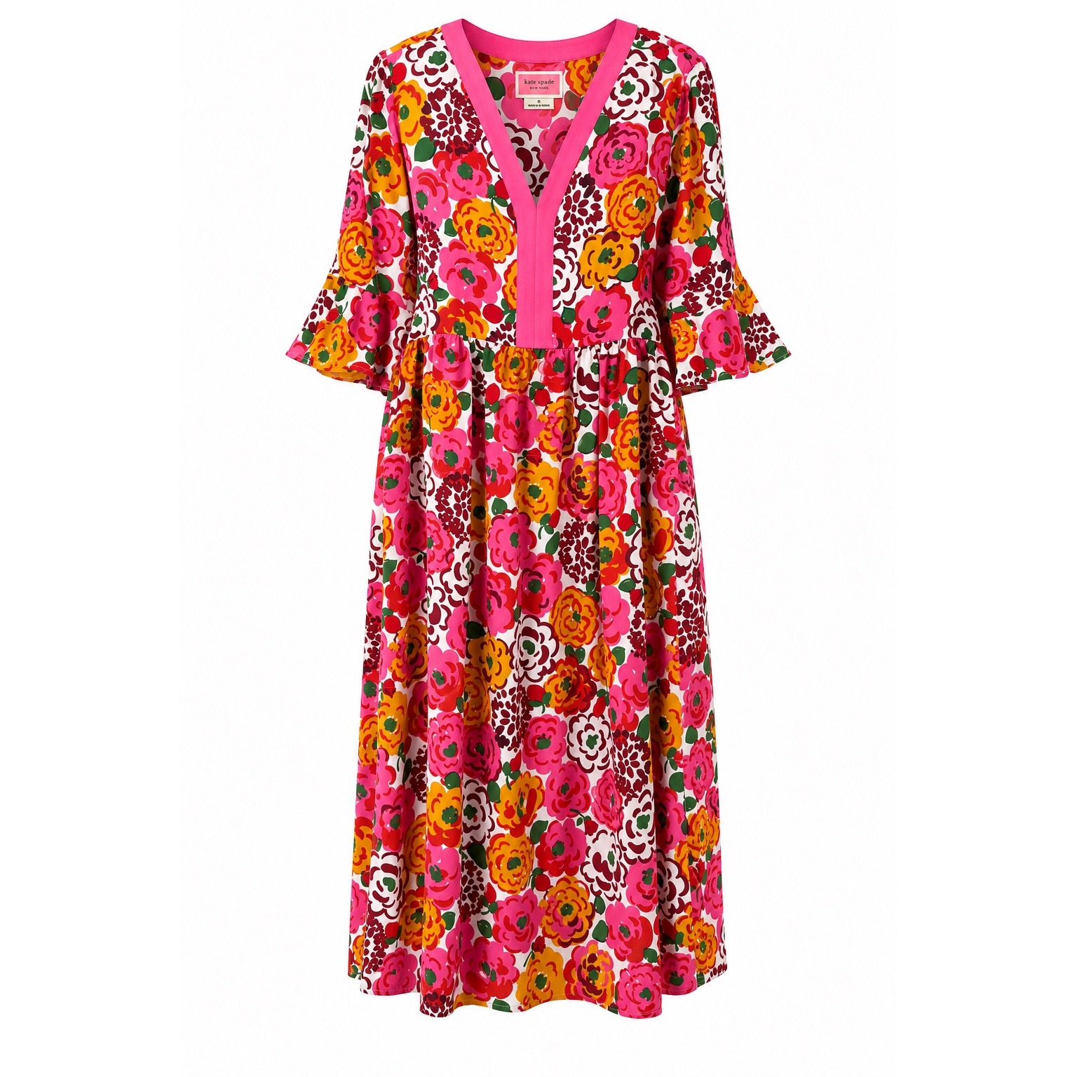 Kate Spade Utterly Famous Pink Floral Kimono Caftan Midi Dress Ruffle Sleeve M